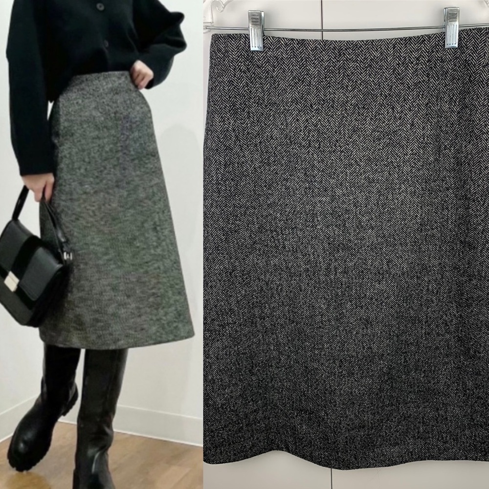 Uniqlo Wool Blend Herringbone A Line Pencil Skirt Knee Length Gray Black Medium